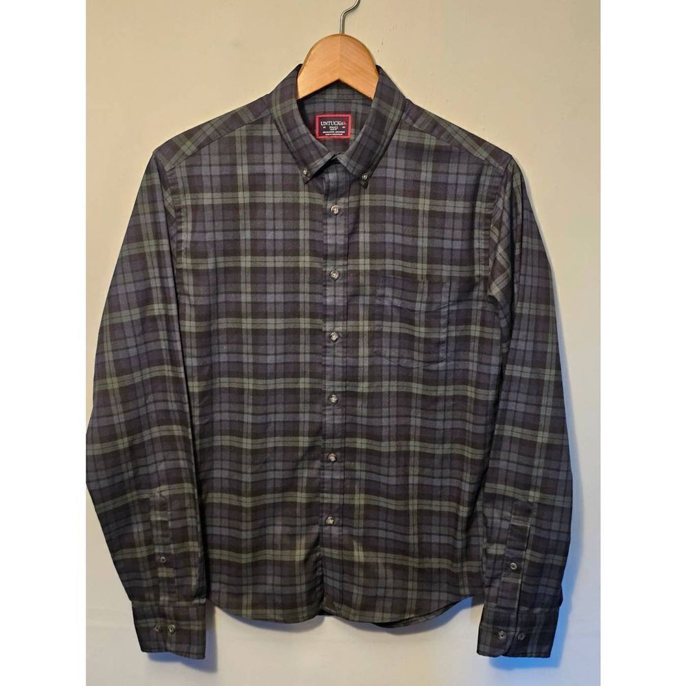 UNTUCKit Mens Small Slim Fit Plaid Long Sleeve Button Down Shirt Green Blue